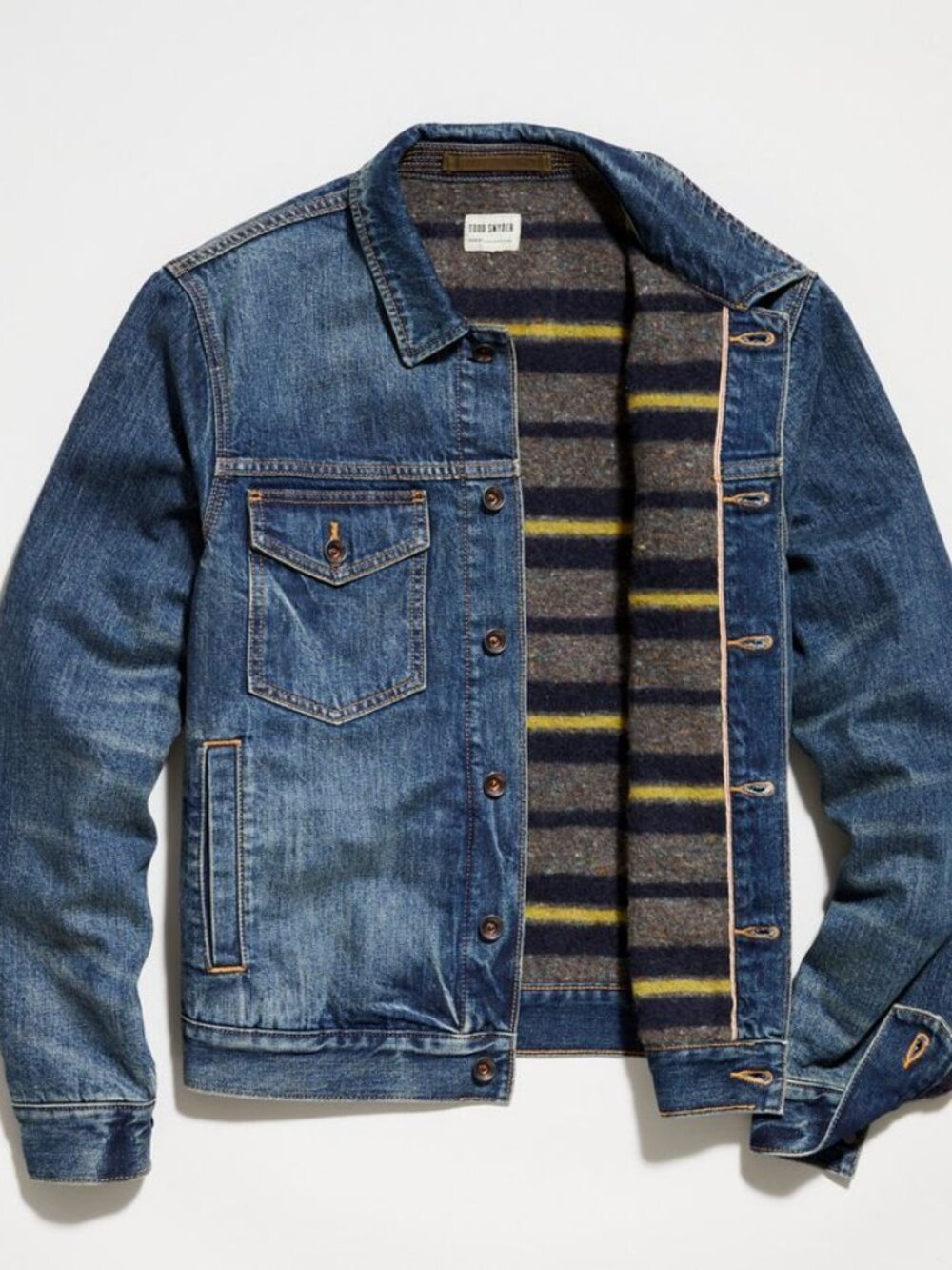 Todd Snyder Japanese Blanket Lined Selvedge Denim Trucker Jacket in Medium Wash